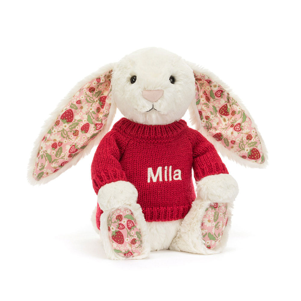 Blossom Cream Bunny 'Berry' with Personalized Red Jumper