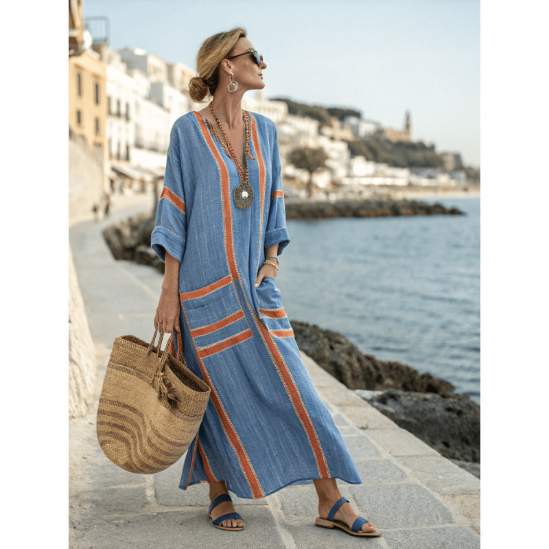 Women Boho V Neck Patch Pocket Print Loose Kaftan Maxi Beach Dress