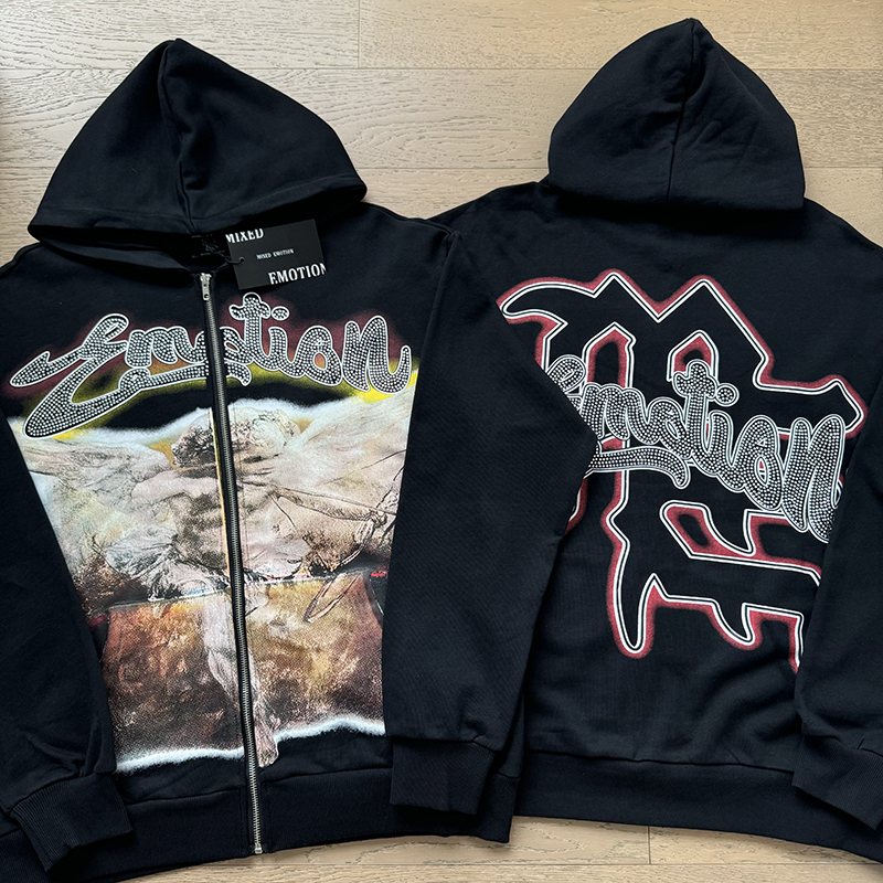Mixed Emotion Black Zip-Up Graphic Hoodie