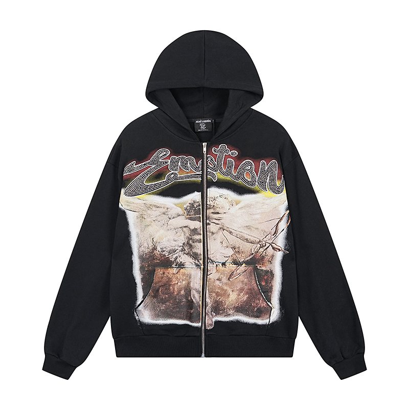 Mixed Emotion Black Zip-Up Graphic Hoodie