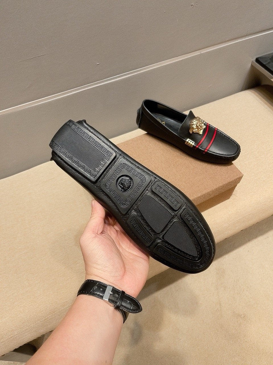 Versace Men's Black Red Stripe Slip-On Loafers