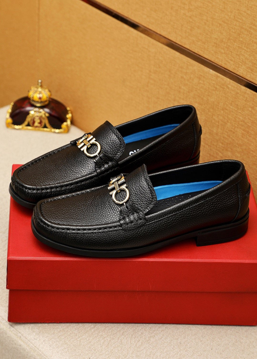 Ferragamo Black Textured Leather Loafers - Gold-Tone Hardware