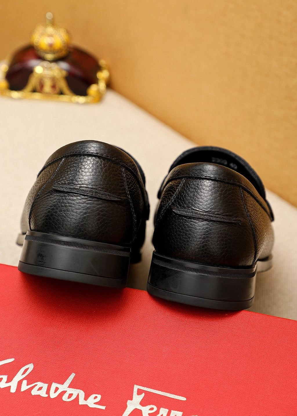 Ferragamo Black Textured Leather Loafers - Gold-Tone Hardware