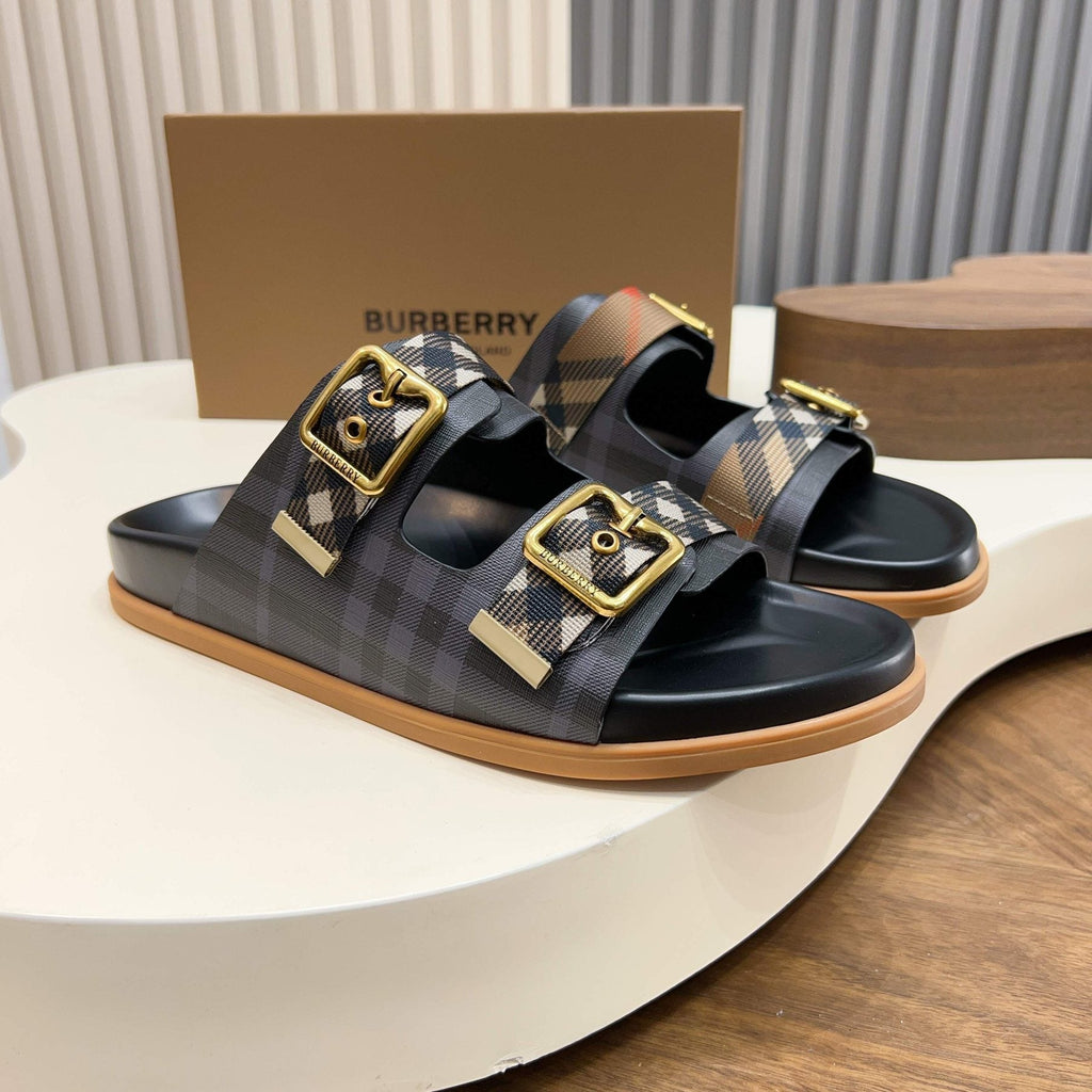 Burberry Black Plaid Two-Strap Slide Sandals
