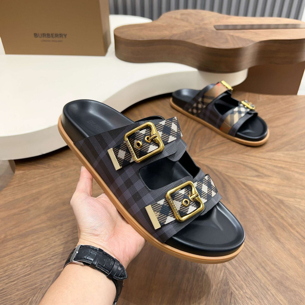 Burberry Black Plaid Two-Strap Slide Sandals
