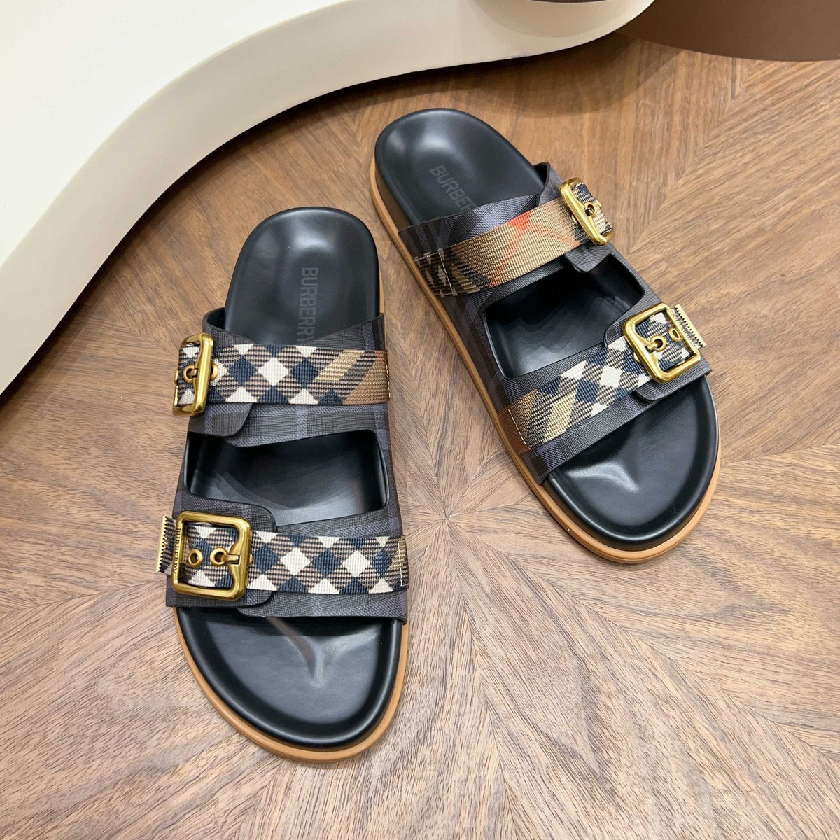 Burberry Black Plaid Two-Strap Slide Sandals