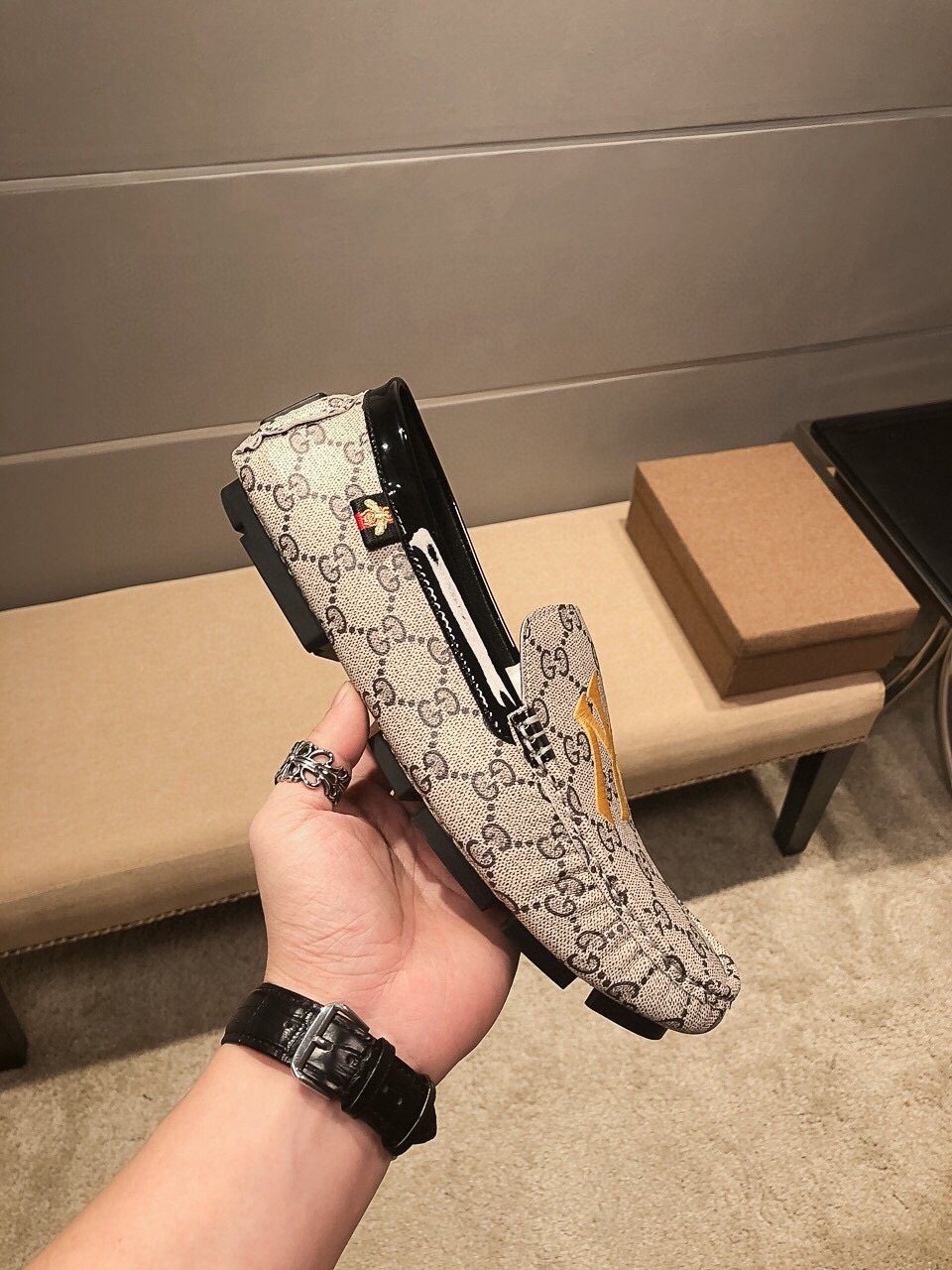 Gucci Beige Patterned Embroidered Loafers